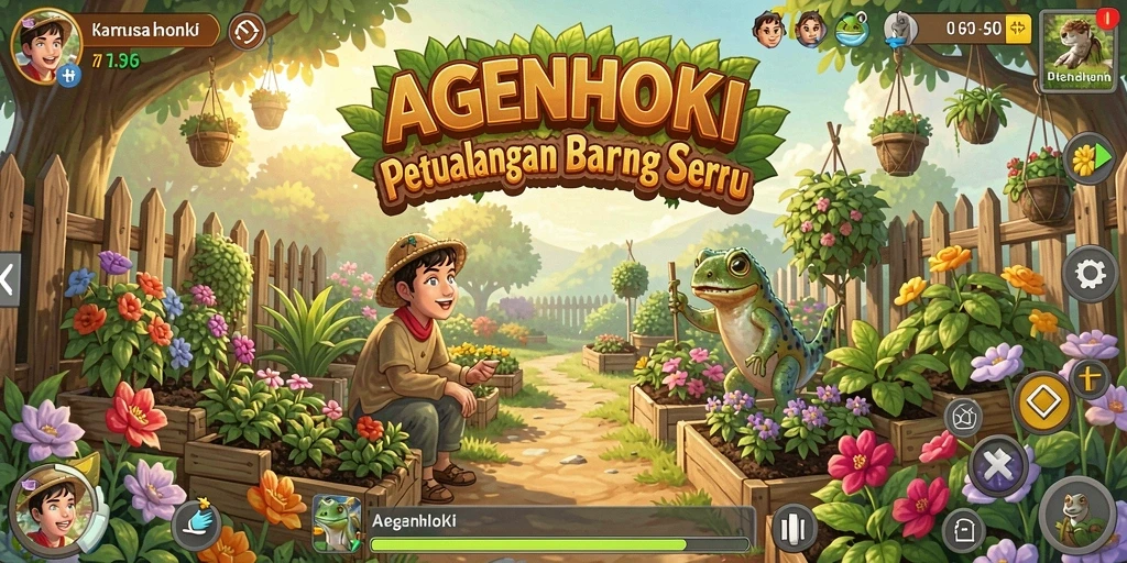 Tampilan gameplay AGENHOKI dengan aktivitas berkebun yang seru.