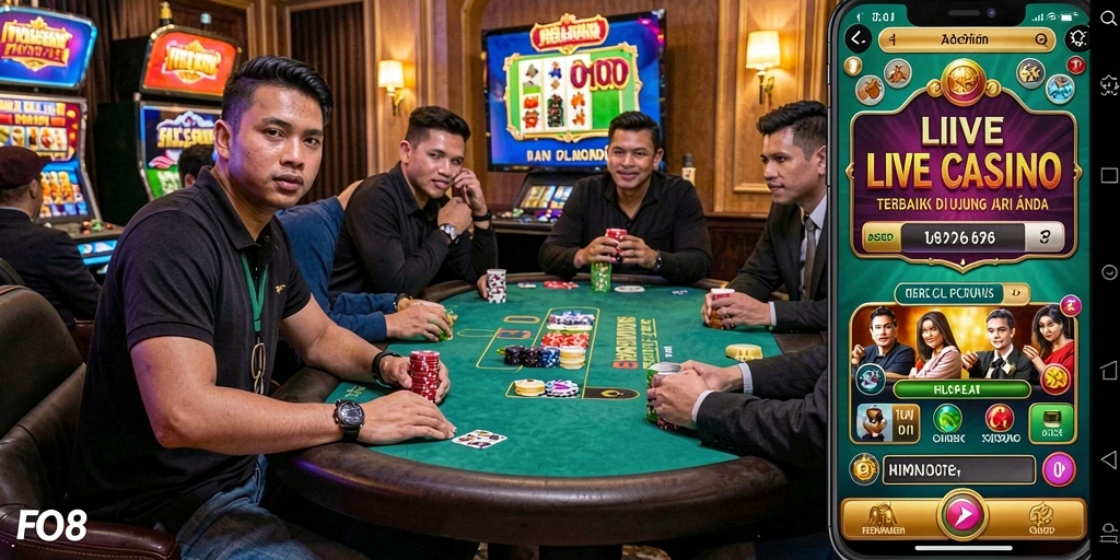 Screenshot gameplay FO8 menunjukkan dealer langsung dan meja permainan kasino.