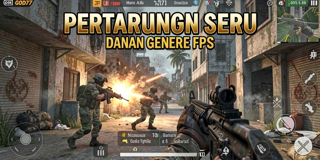 Tangkapan layar utama gameplay GOD77 menampilkan aksi pertempuran FPS yang intens.