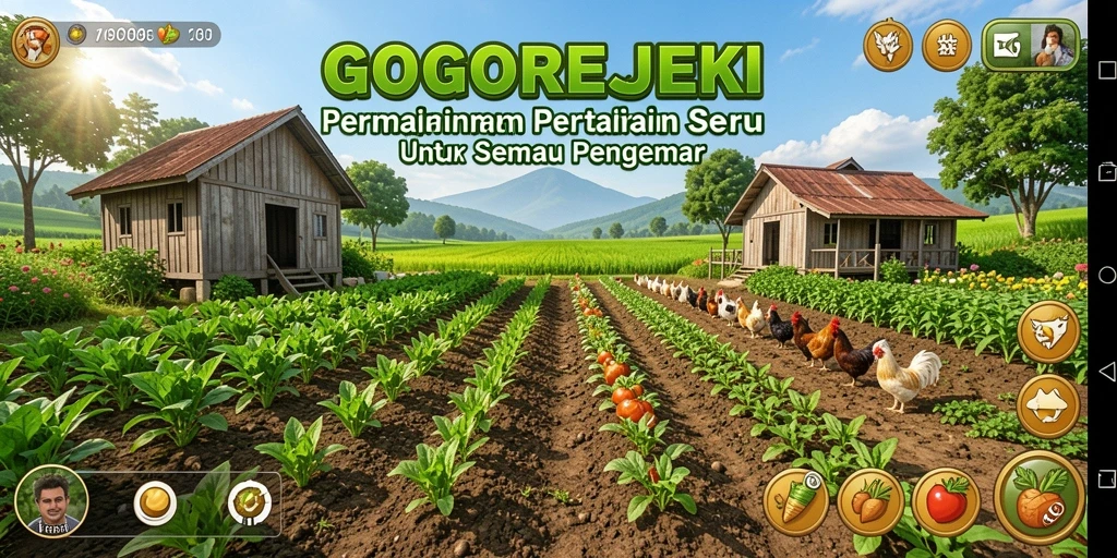 Screenshot permainan GOGOREJEKI dengan tampilan ladang pertanian yang indah.