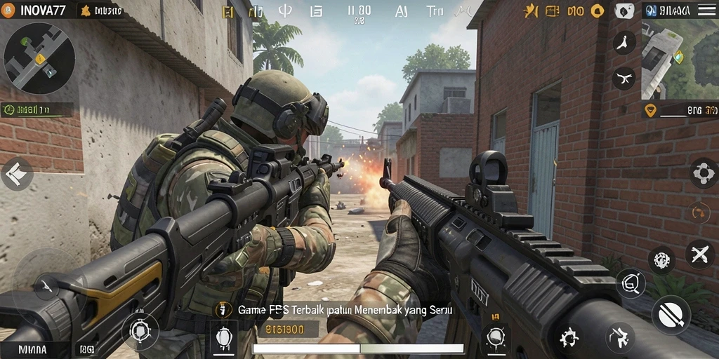 Tampilan gameplay seru dari INOVA77 dengan aksi tembak-menembak yang intens.
