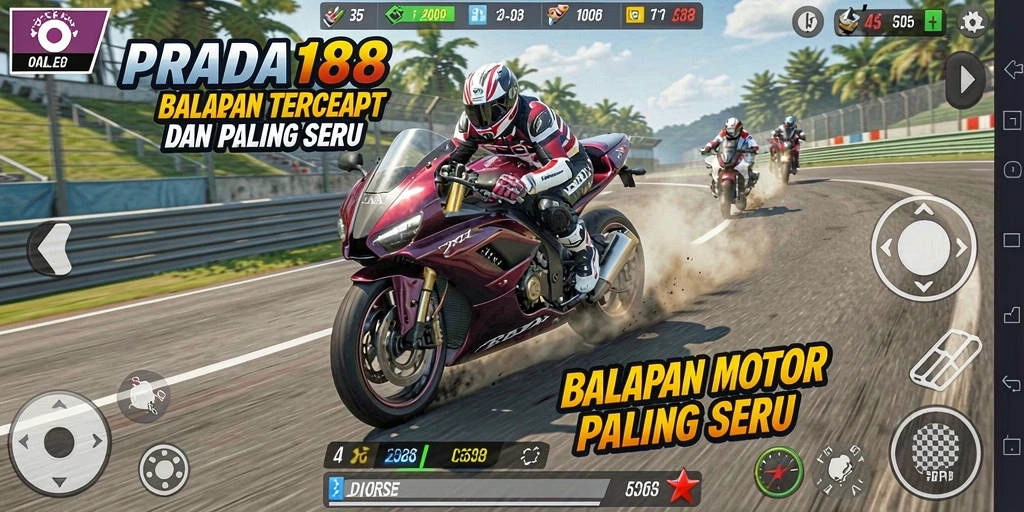 Tampilan gameplay mendebarkan dari PRADA188 saat balapan motor.