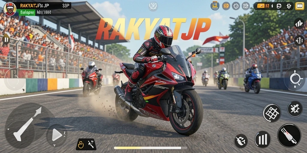 Screenshot utama RAKYATJP menampilkan balapan motor yang mendebarkan.