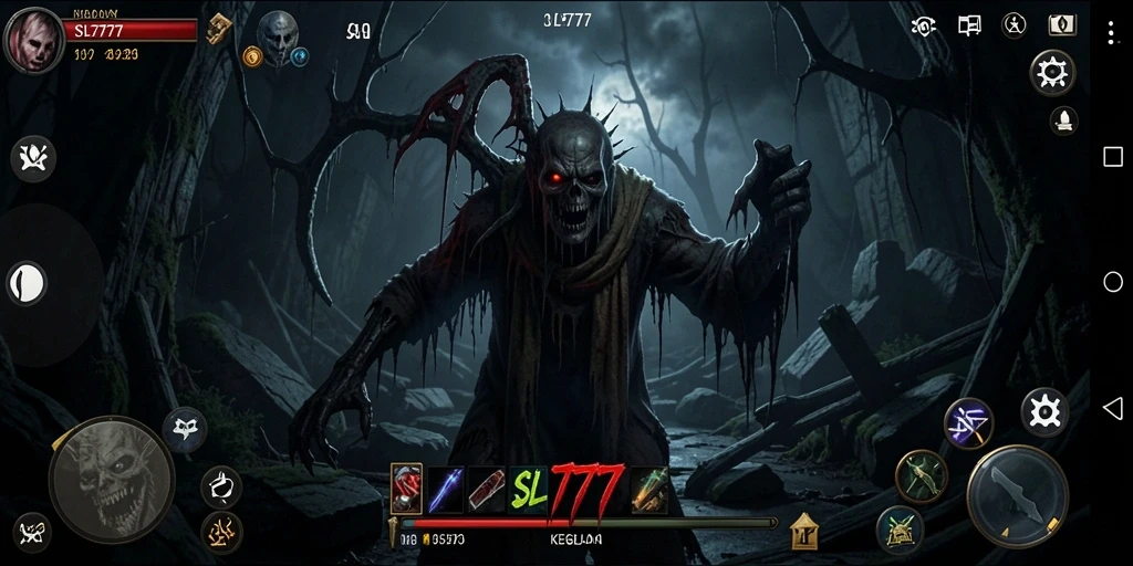 Gameplay SL777 menampilkan suasana mencekam dan makhluk menyeramkan.